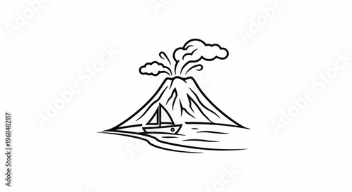 A sailboat floats on the water near a smoking volcano