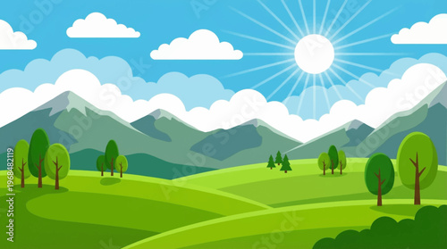 Green landscape with sunny sky.