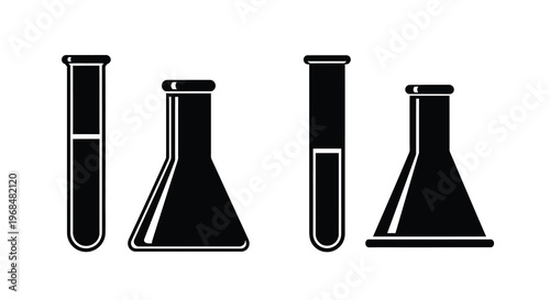 Four black laboratory flasks displayed in a stylistic silhouette