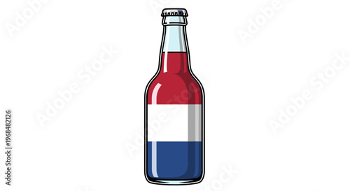 A glass beverage bottle filled with red, white, and blue striped liquid, resembling a national flag, with a metal cap, on a white background.
