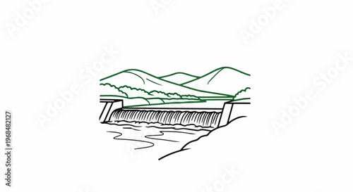 A simple line drawing of a dam with a waterfall, set against hills