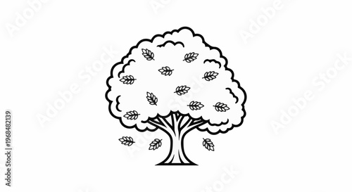 A simple line drawing of a deciduous tree shedding leaves