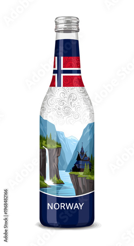 Bottle with Norwegian flag and scenic fjord landscape featuring a waterfall and traditional building, representing Norway.