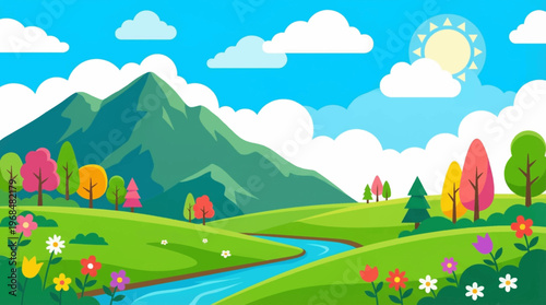 Mountain Landscape with River Flowers.