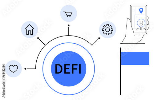 Financial technology, decentralized transactions, digital economy, blockchain, financial apps, network connections. Circular DEFI text centerpiece with icons. Financial technology and decentralized
