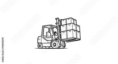 A simple line drawing of a forklift truck lifting stacked boxes on its forks