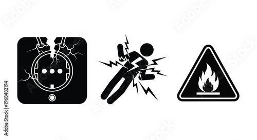 Electrical hazard warnings depicting shock fire and damage a silhouette