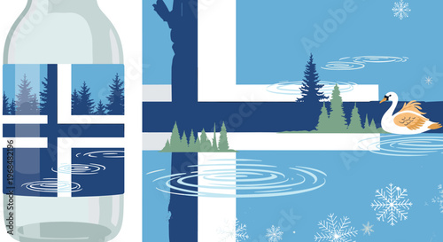 Stylized illustration of a bottle with a Finnish-inspired label featuring a swan, trees, and water in a winter landscape.