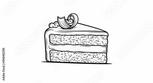 A black and white line drawing of a delicious slice of layered cake with frosting and garnish