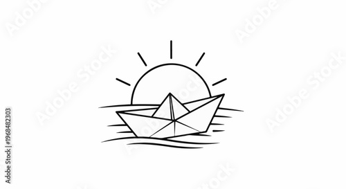 A simple line drawing of a paper boat sailing on wavy water at sunrise