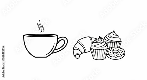 A steaming cup of coffee sits next to a croissant, two cupcakes, and a donut