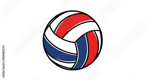 A graphic of a volleyball with red, white, and blue panels and black outlines