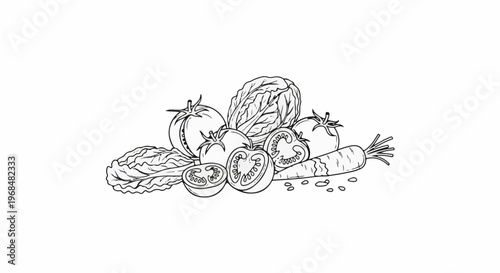 A simple line drawing of a pile of fresh vegetables, including tomatoes, lettuce, and carrots
