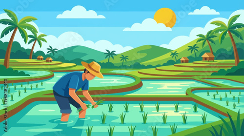 Man working in rice field.