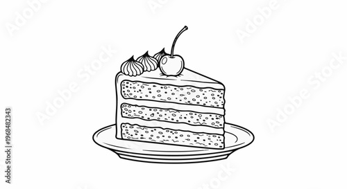 A simple line drawing of a multi-layered cake slice with cherry and frosting