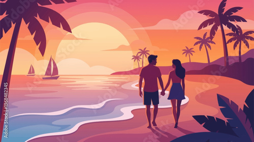 Couple Walking on Beach Sunset.