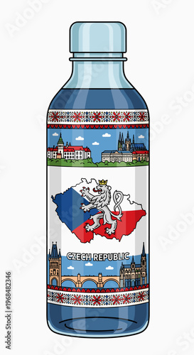 A cartoon-style illustration of a blue liquid bottle with a label featuring Czech Republic landmarks, flag, and national lion emblem.