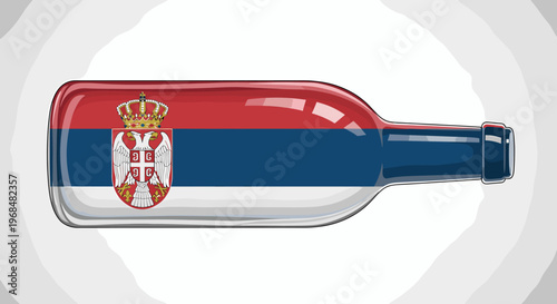 Illustration of a glass bottle featuring the national flag of Serbia, depicting red, blue, and white stripes with the Serbian coat of arms.