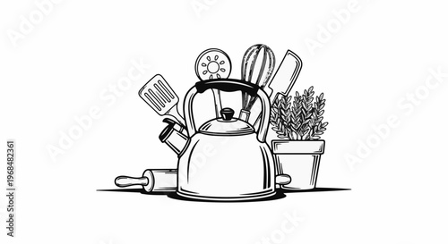 A still life drawing of kitchen tools including a kettle, whisk, spatulas, and plant