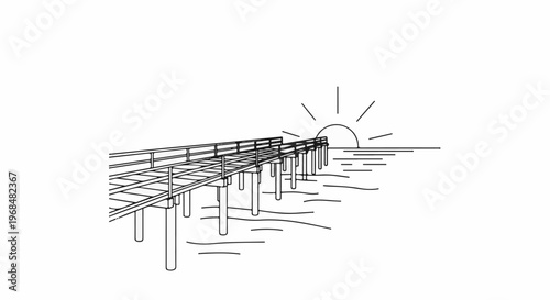 A simple line drawing of a pier extending over water with a rising sun