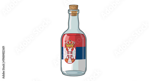 Glass bottle with cork stopper featuring the Serbian flag design and coat of arms, partially filled with liquid, isolated on a white background.