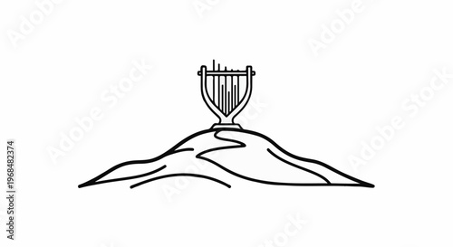 A minimalist black and white drawing depicts a harp on a hill