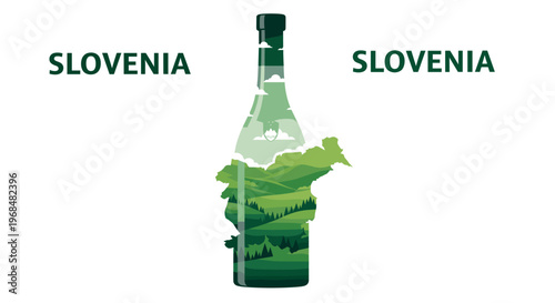 Stylized green wine bottle containing a lush landscape map of Slovenia, flanked by the country's name.