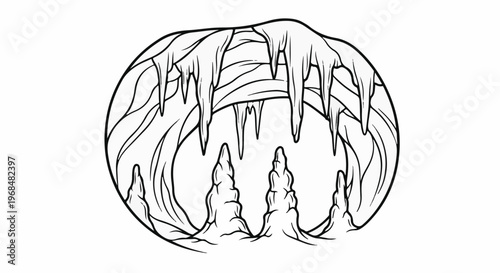 A striking line drawing of a cave with icicles and stalagmites