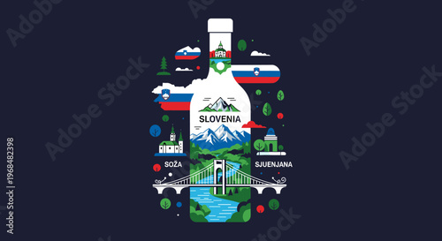 Stylized illustration of a bottle filled with Slovenian landscapes and landmarks, surrounded by national symbols and architectural elements.