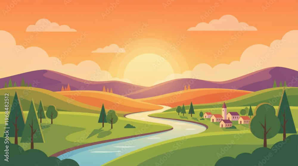Fototapeta premium Sunset over rolling green hills.