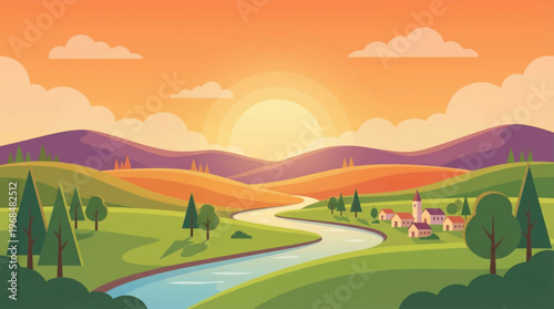 Sunset over rolling green hills.