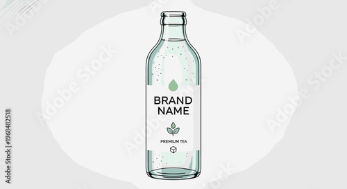A clear glass bottle filled with sparkling water, featuring a minimalist label with green accents and text indicating 'BRAND NAME' and 'PREMIUM TEA'.