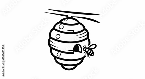 A stylized black and white drawing of a bee flying towards its hive