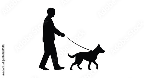 Man walking a dog on a leash a striking black silhouette