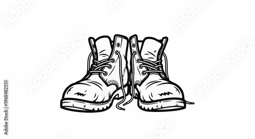 A stylized black and white drawing of a pair of sturdy, laced boots