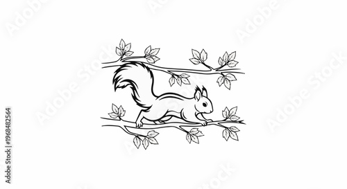 A stylized black and white drawing of a squirrel on a tree branch