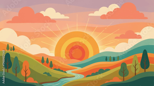 Sunset over rolling hills landscape.