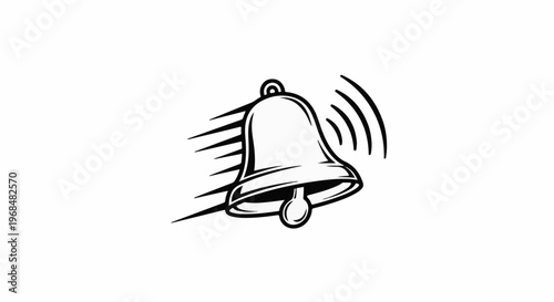 A stylized black and white drawing of a ringing bell with sound waves
