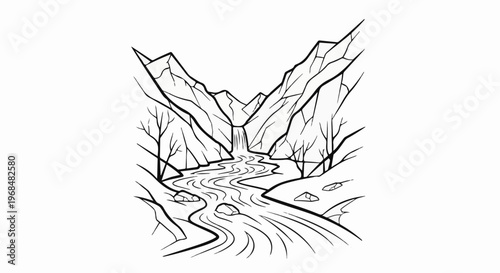 A stylized black and white drawing of a rocky mountain waterfall flowing into a river