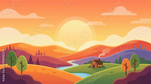 Sunset over rolling hills landscape.