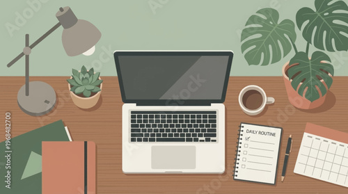 Laptop on a wooden desk.