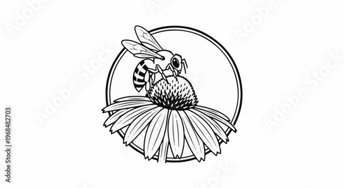 A stylized black and white illustration of a bee on a flower within a circle