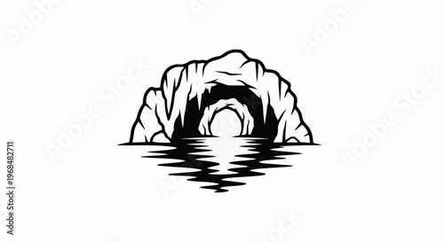A stylized black and white graphic of a cave entrance reflected in water