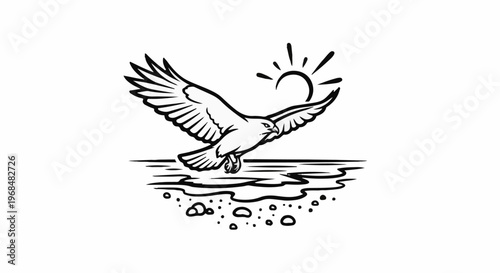 A stylized black and white illustration of a bird of prey soaring over water