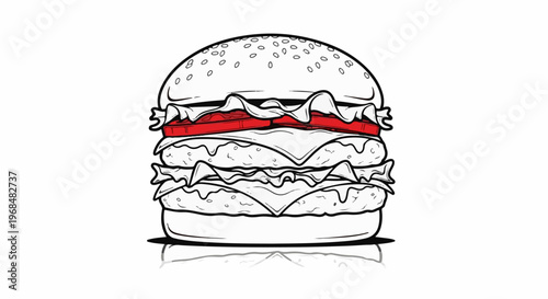 A stylized black and white illustration of a double cheeseburger with red tomato slices