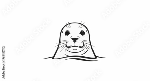 A black and white line drawing of a seal poking its head out of water