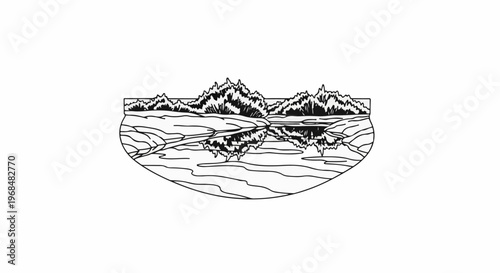 A stylized, black and white illustration of a serene landscape with trees reflected in water