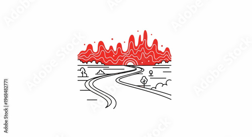 A winding road leads to a red, wavy mountain range under a bright sun
