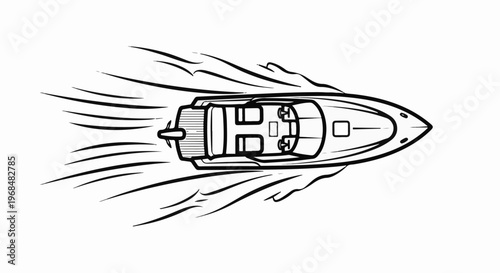 A black and white line drawing of a speed boat gliding through water