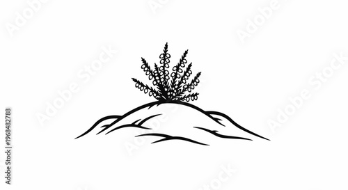 A stylized black and white illustration of a small mound with a flowering plant